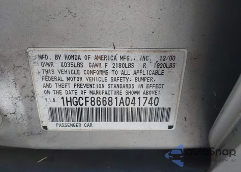 2001 Honda Accord Value Package from USA, damaged, VIN 1HGCF86681A041740